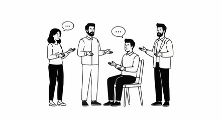 Hand drawn black and white illustration of a team meeting.