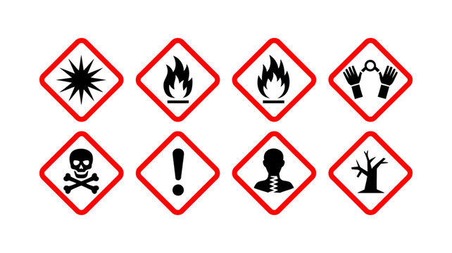 Globally harmonized system (ghs) of classification and labelling of chemicals, showing various hazard pictograms, safety symbols, and warning signs.