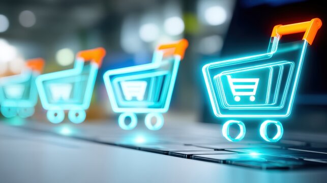 E-commerce growth action online shopping digital cart virtual marketplace futuristic environment consumer technology concept