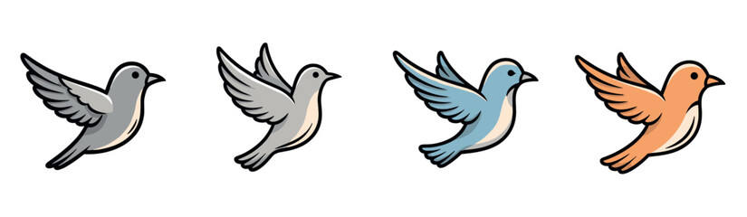 Fototapeta premium Set of four colorful cartoon flying bird icons in a row showing different color variations like grey, blue, and orange, depicted in a simple and clean vector illustration style