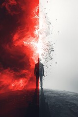 Man standing between contrasting red and white abstract energy explosion