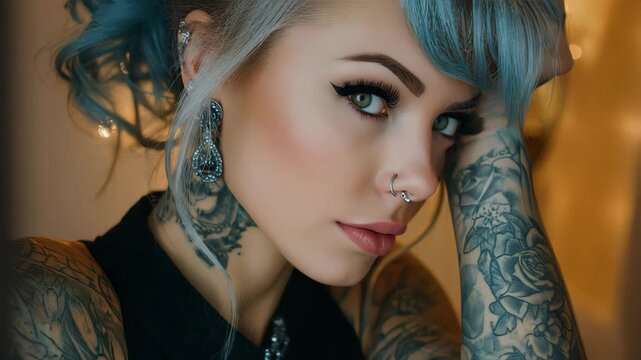 beautiful woman with tattoos and piercings, dyed hair and perfect makeup, cute outfit