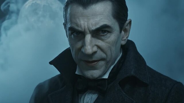 Count Dracula in Moonlight Intense gaze of a stern, pale man in a dark coat and bow tie amidst mysterious smoke, evoking a gothic and enigmatic atmosphere