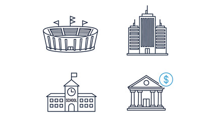 Vector illustration of stadium, office building, school, and bank isolated on