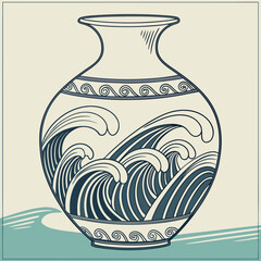 Ancient vase decorated with dynamic ocean waves and greek key pattern