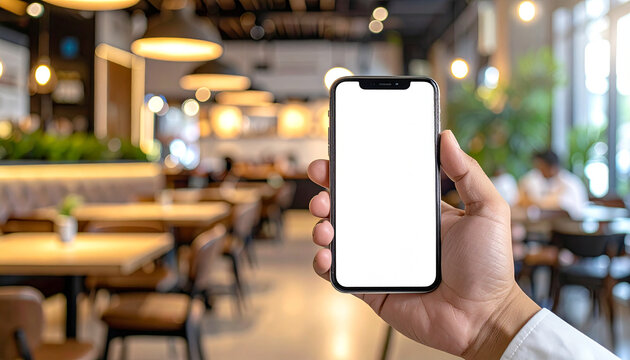 Male hand holding smartphone with blank screen, blurred restaurant background, modern mock-up