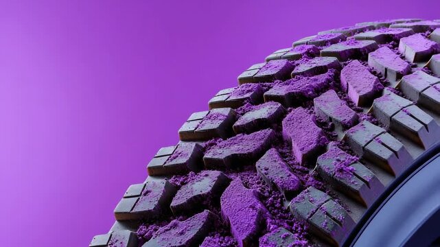 Dynamic rotation of treaded tires on a bold purple background