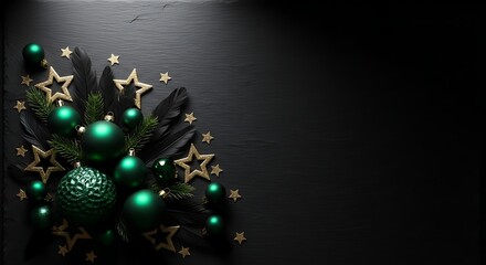 Christmas arrangement featuring green ornaments, gold stars, and dark feathers on a black background.