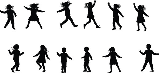 Silhouette of happy children dancing, playing, and jumping outdoors, isolated on white background, concept of childhood joy, freedom, and fun.