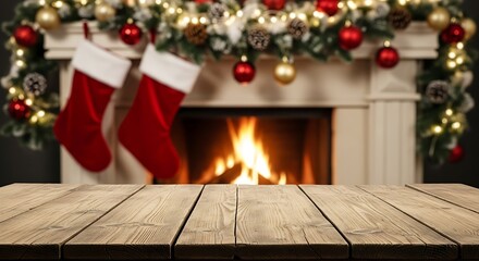 Cozy christmas fireplace with stockings and warm glowing fire, rustic wood table