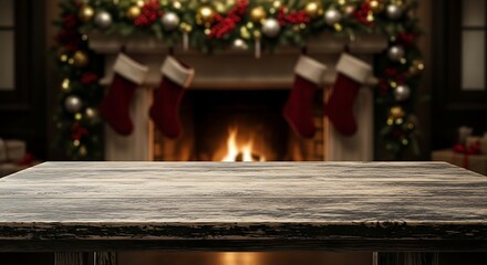 Rustic wooden table in front of a cozy fireplace on christmas eve