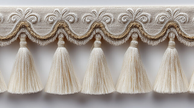 Beige tassel border closeup on embroidered trim