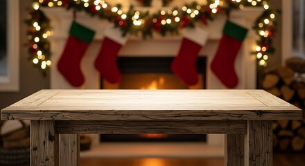 Rustic wooden table in front of a cozy christmas fireplace with stockings