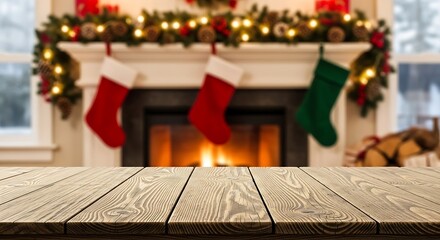 Cozy christmas fireplace with stockings and twinkling lights, empty table