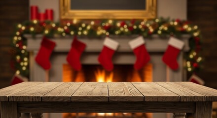 Cozy christmas fireplace with stockings and a wooden table foreground