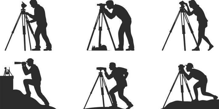 Set of silhouettes illustrating professionals, including surveyors or photographers, working with equipment on tripods for various outdoor tasks.