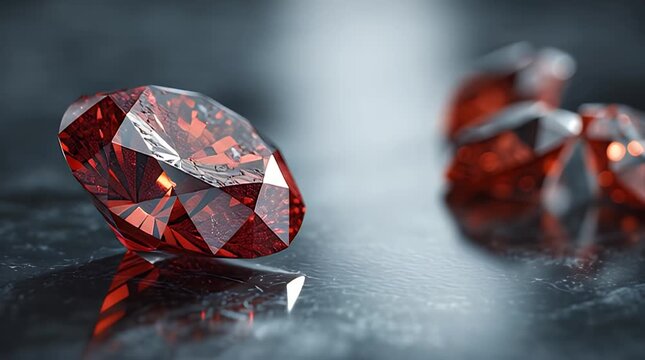 A close-up showcases a radiant, cut gemstone, casting red light within its many facets. Reflected in liquid, other stones are softly out of focus