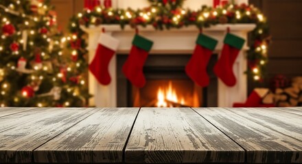 Cozy christmas fireplace with glowing fire and decorated tree backdrop