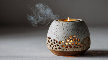 Ceramic candle holder with gentle smoke and warm flame