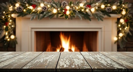Cozy christmas fireplace with garland and wooden table, festive atmosphere