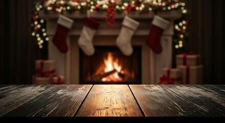 Cozy christmas fireplace with stockings and gifts, warm glowing fire