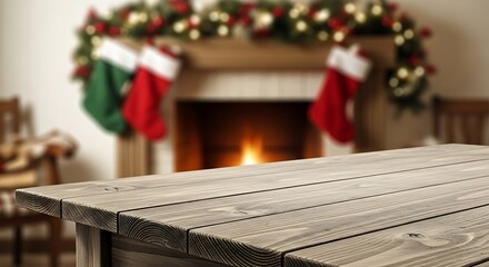 Wooden table in front of a cozy fireplace with christmas stockings