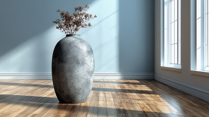 Concrete floor vase with sunlight and shadows