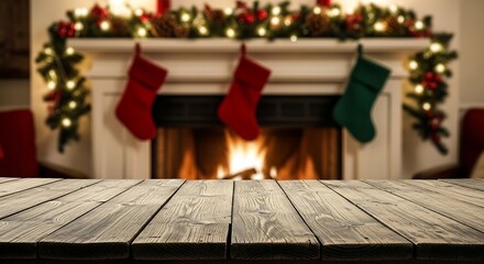 Cozy christmas fireplace with stockings and warm glow on wooden table