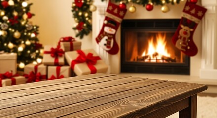 Cozy christmas eve scene with fireplace, tree, gifts, and wooden table