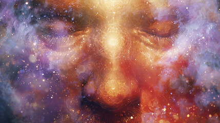 Cosmic spiritual face with third eye and nebula