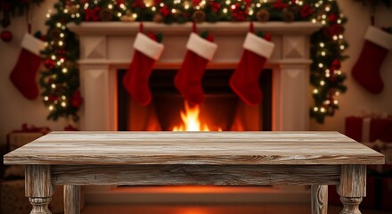 Cozy christmas fireplace with stockings and a rustic wooden table