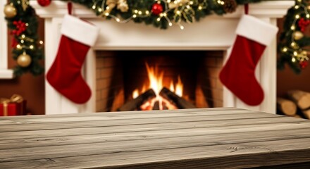 Cozy christmas fireplace with stockings, fire, and festive garland