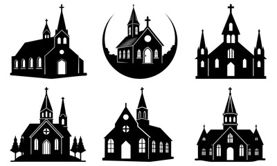 Collection of six black and white church building silhouettes with crosses and architectural details