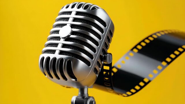 Retro microphone with flowing filmstrip on yellow background
