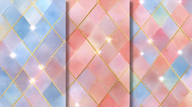 A geometric composition featuring diamond shapes in various pastel hues, joined by golden lines and sparkling accents. A gradient of color creates depth