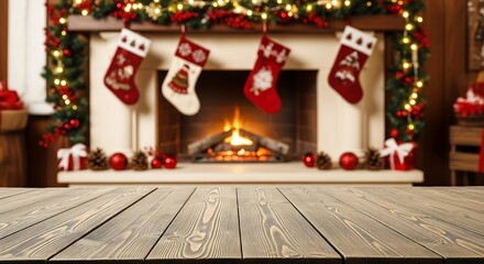 Christmas fireplace with stockings and warm fire, wood table foreground