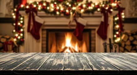 Cozy christmas fireplace with stockings and rustic table for display