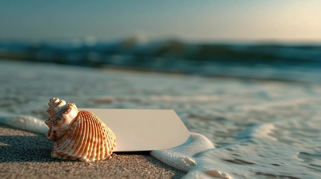 A seashell rests beside a blank card on a sandy beach. Waves gently roll in the background, bathed in the soft glow of sunlight