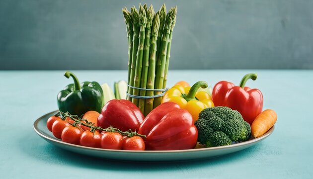 Artful Minimalist Plating of Vibrant Seasonal Vegetables with Asparagus Spears Colorful Bell Peppers Tomatoes Broccoli Carrots on Blue Dish