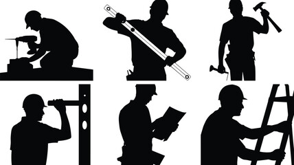 Silhouettes of construction workers and handymen performing various tasks, including drilling, hammering, leveling, and climbing a ladder