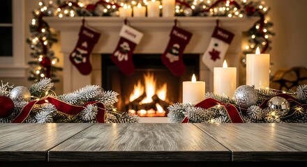 Cozy christmas fireplace with stockings, candles, and glowing lights