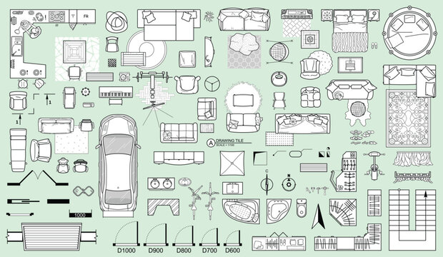 Set of furniture top view for apartments plan. The layout of the apartment design, technical drawing. Interior icon for bathrooms, living room, kitchen, bedroom, hallway . Vector floor plan