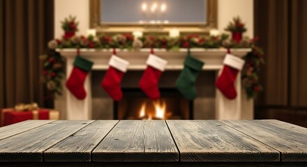 Christmas stockings hanging over fireplace with warm glowing fire and wood table