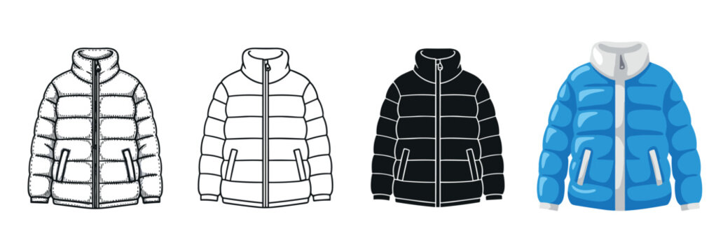 Four puffer jacket vector illustrations presented in a collection of different styles: hand-drawn sketch, clean line art, solid black icon, and a modern blue cartoon