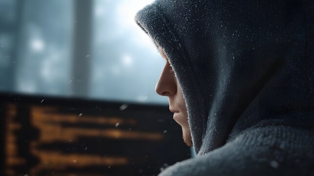 Hooded figure concentrates on a glowing computer screen amid falling snow