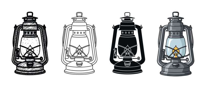Set of four vintage oil lanterns illustrated in different artistic styles including sketch, line art, silhouette, and full color cartoon with a burning flame inside the glass