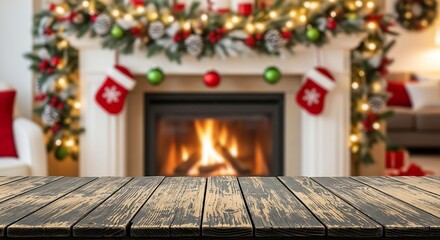 Cozy christmas fireplace with stockings and warm lights, wood table foreground