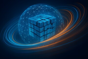 Futuristic Data Cube – Digital Network Sphere with Swirling Light Trails on Dark Background