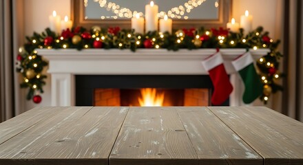 Cozy christmas fireplace with stockings and a wooden table for display
