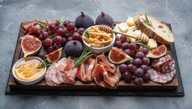 Artfully Arranged Gourmet Cheese Board with Assorted Cheeses Cured Meats Fresh Figs Red Grapes Honey Drizzle Crusty Bread Wooden Platter Rustic Dark Slate Background